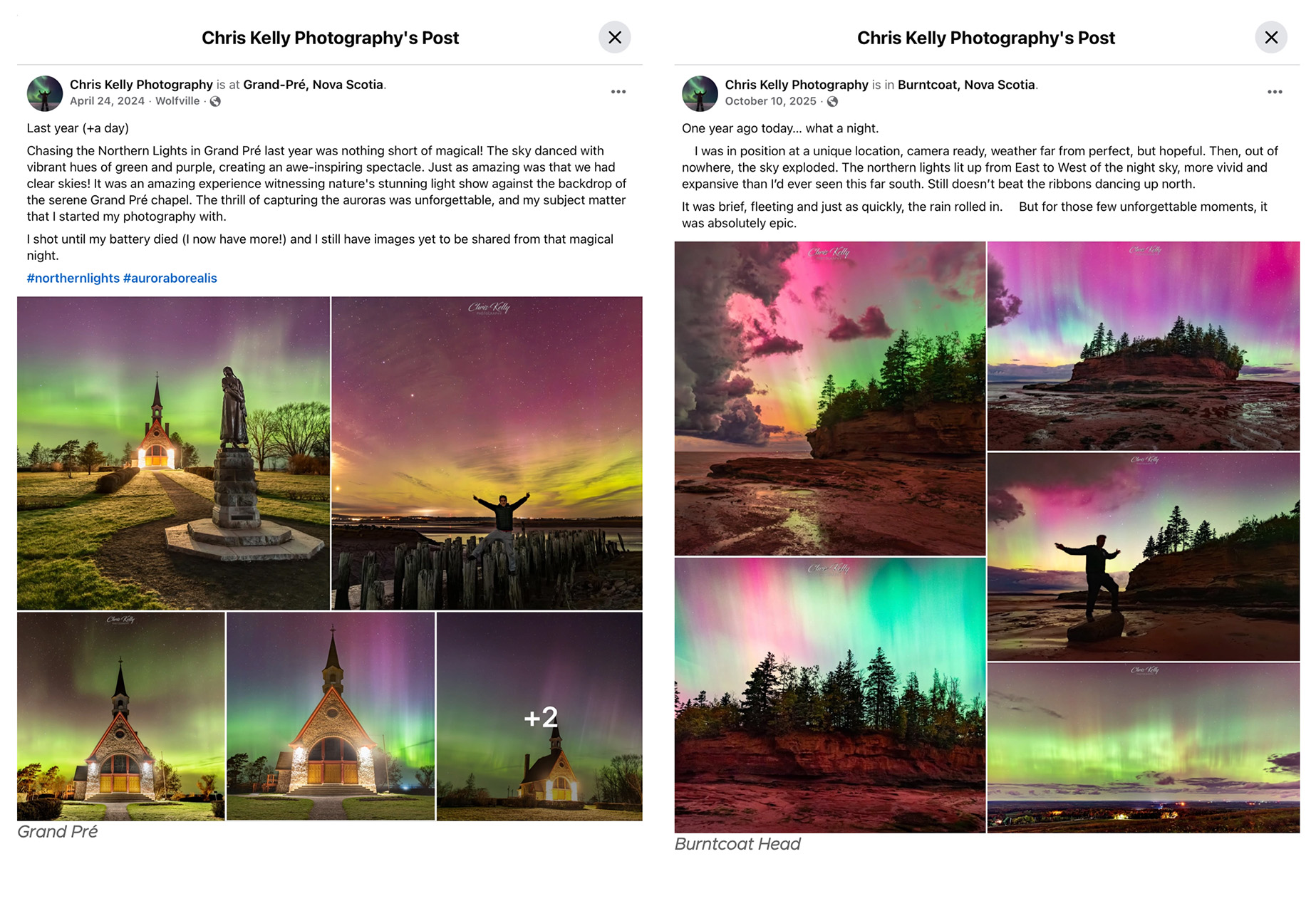 Collage of northern lights over Nova Scotia landscapes, including church, coastline rocks, trees, and a silhouetted photographer.